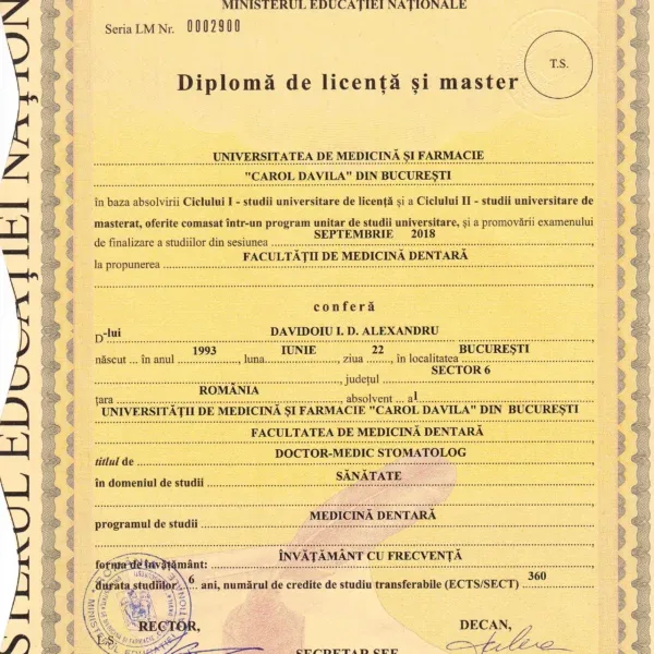 Diplomă licență Dr. Alexandru