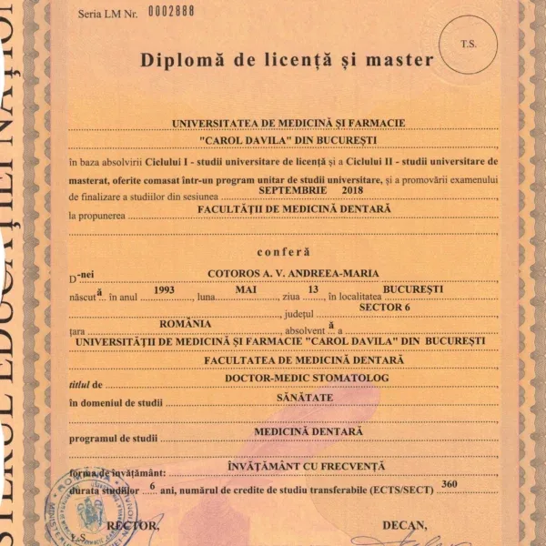 Diplomă de licență Dr. Andreea Davidoiu