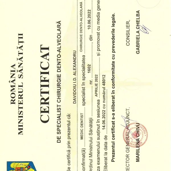 Diplomă de specialist Dr. Alexandru Davidoiu